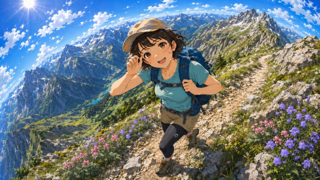 夏山を元気に歩く女性のイラスト