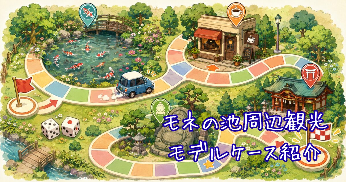 モネの池観光のモデルケースをボードゲームっぽく表現したイラスト