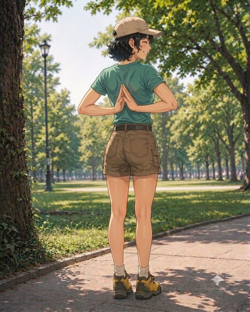 背中で合唱するストレッチをする女性