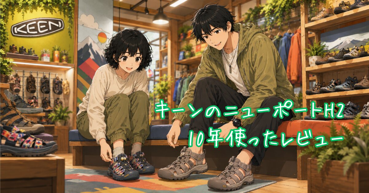 アウトドアショップでキーンのニューポートH2をフィッティングしている夫婦
