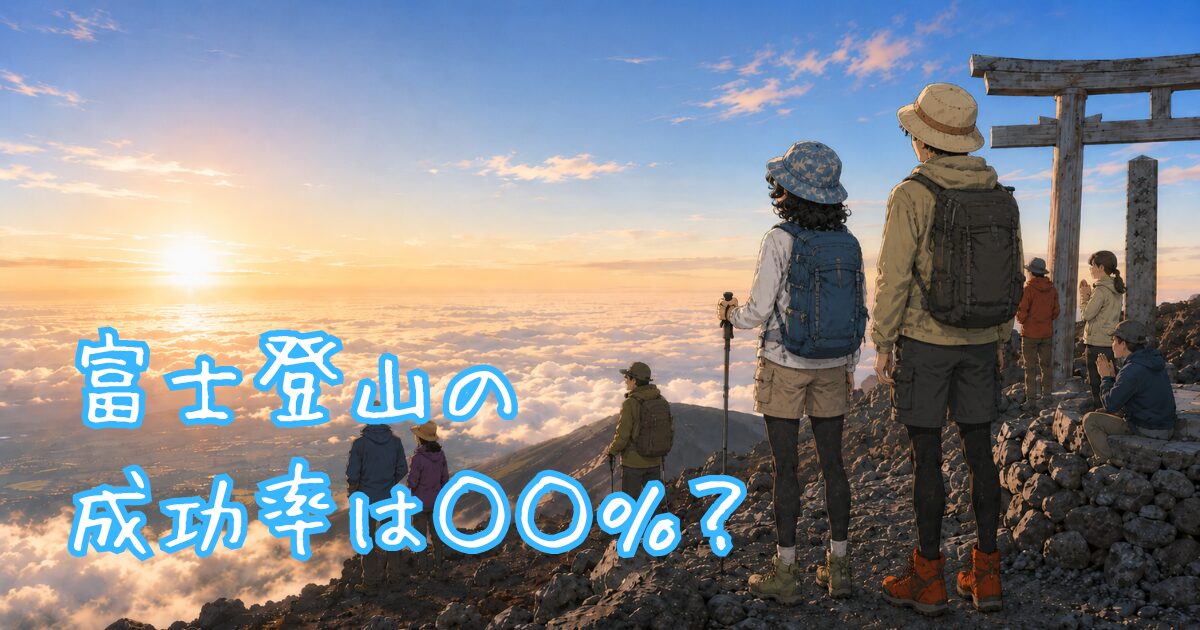 富士山頂付近でご来光を見る登山客たちのイラスト