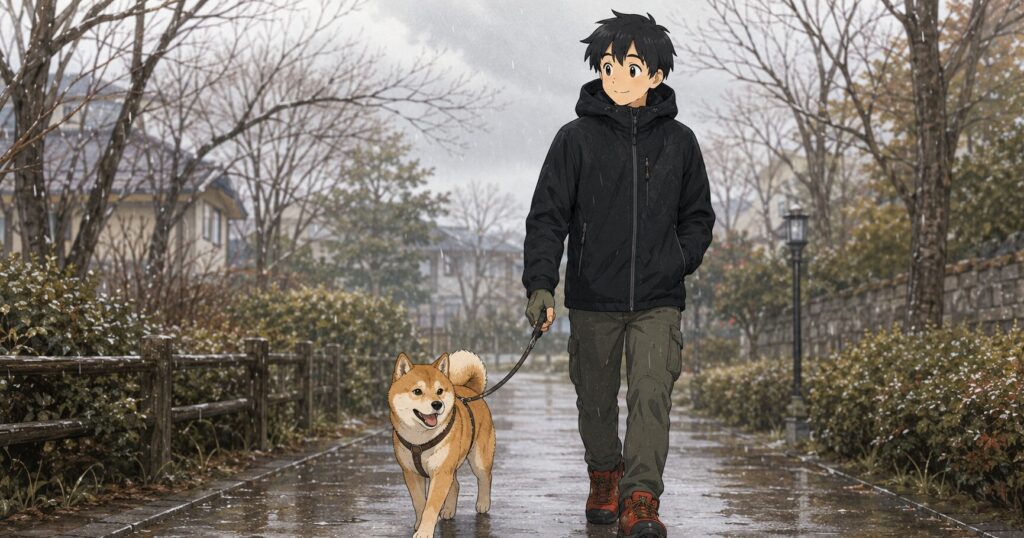 小雨の中、ライトシェルパーカを着て柴犬と散歩する男性のイラスト