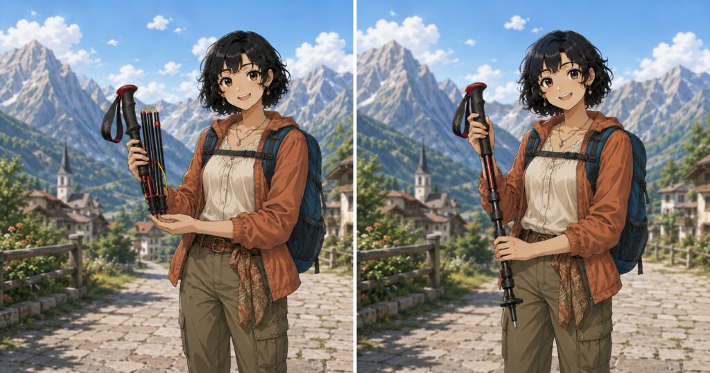 伸縮式と折り畳み式のポールの見た目の違いを表したイラスト