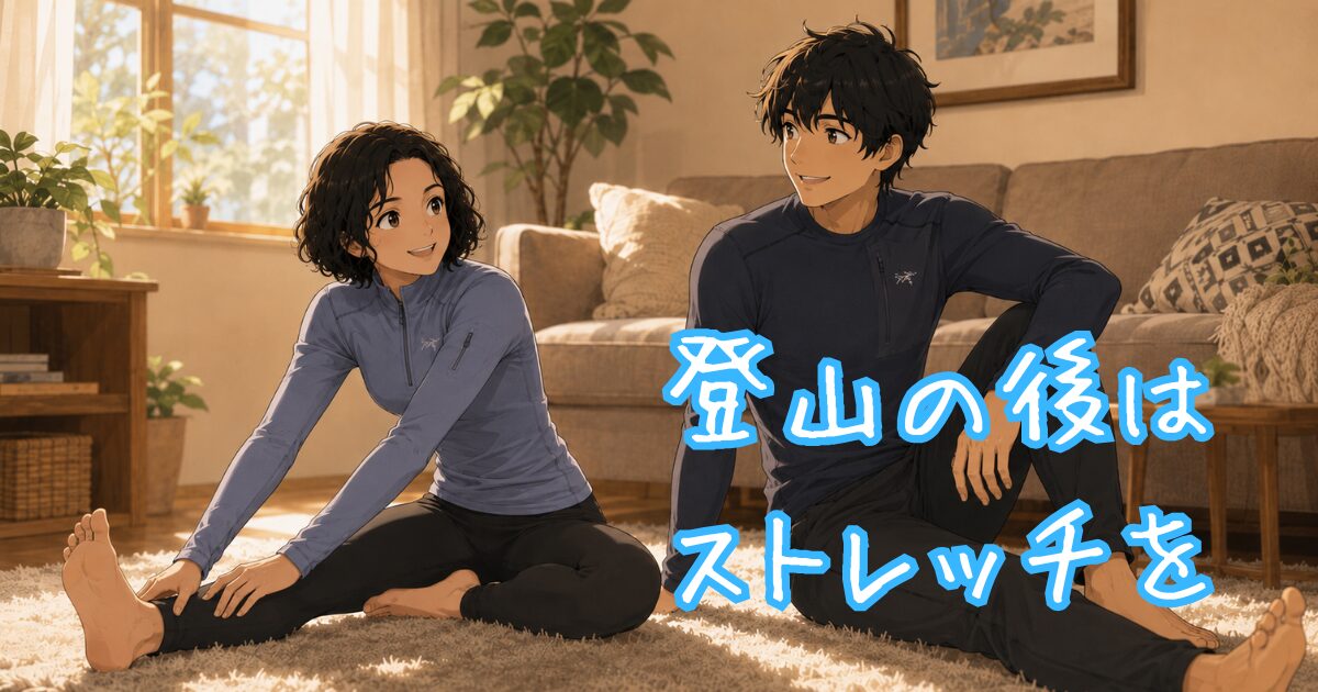 登山後に結ったりストレッチをする二人組のイラスト