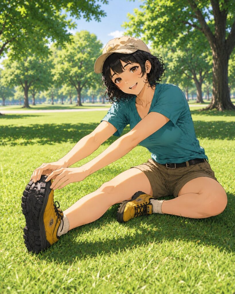 座ってつま先を軽く持って足をストレッチする女性のイラスト