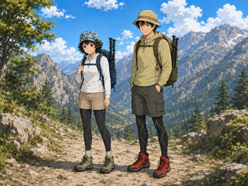 ザックにポールを収納してたっている男女のイラスト