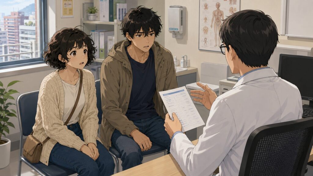 高山病の薬をもらうために受診する男性と付き添いの女性のイラスト
