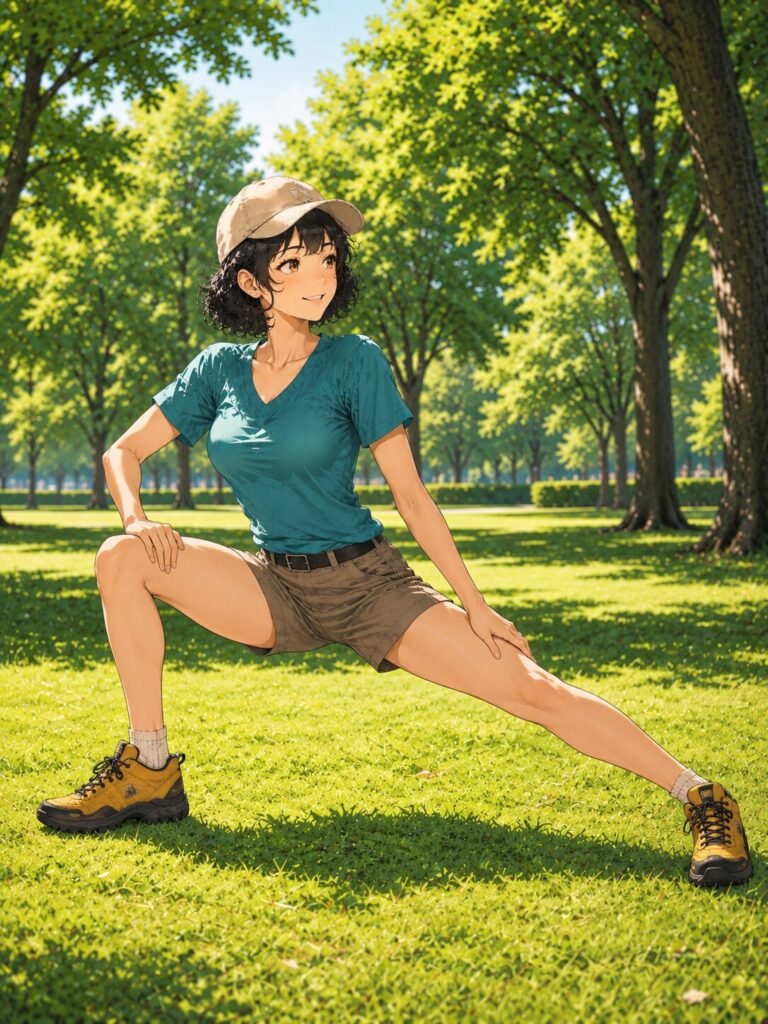 伸脚ストレッチする女性のイラスト