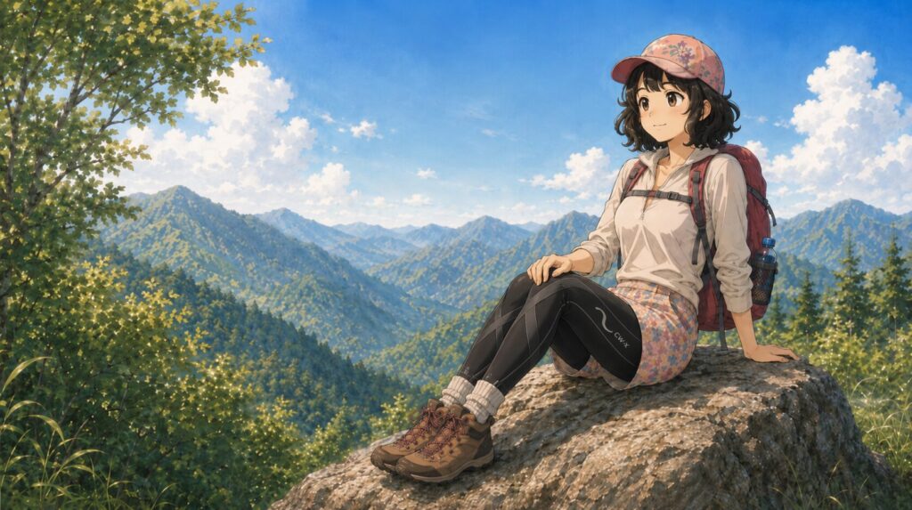 ジャストサイズのサポートタイツで山歩きを楽しむ女性のイラスト