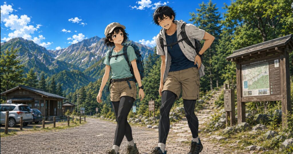 タイツのサイズがきつくてしんどそうな男性と心配する女性のイラスト