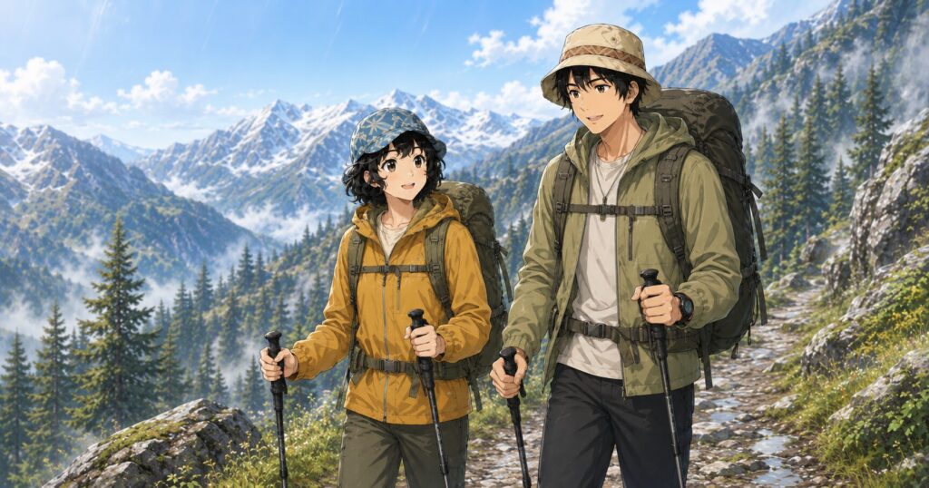 登山アイテムをきちんと整えて登山を楽しむ二人組のイラスト