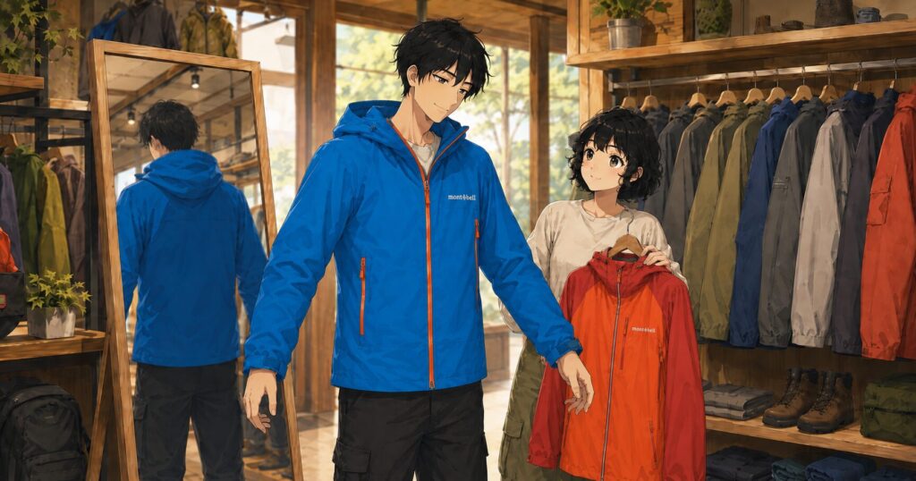レインウェアのサイズを試着している二人組のイラスト