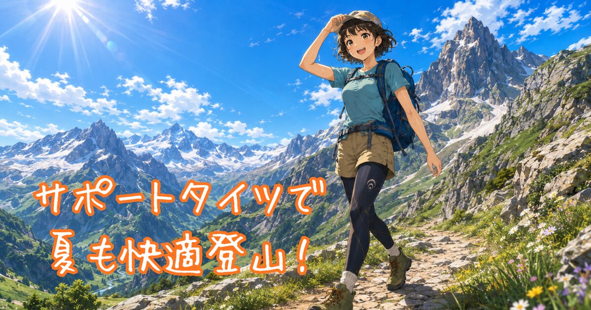 夏山の登山道を、C3fitのサポートタイツ姿の女性ハイカーが気持ちよさそうに歩くアイキャッチ画像。ポールはザックにしまい、青空と岩山を背景に山歩きを楽しんでいる。画像内に「サポートタイツで夏も快適登山！」の文字入り。