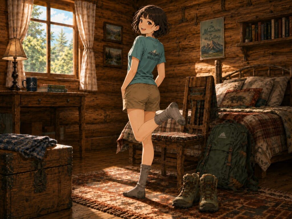 丈夫な靴下を嬉しそうに見せる女性のイラスト