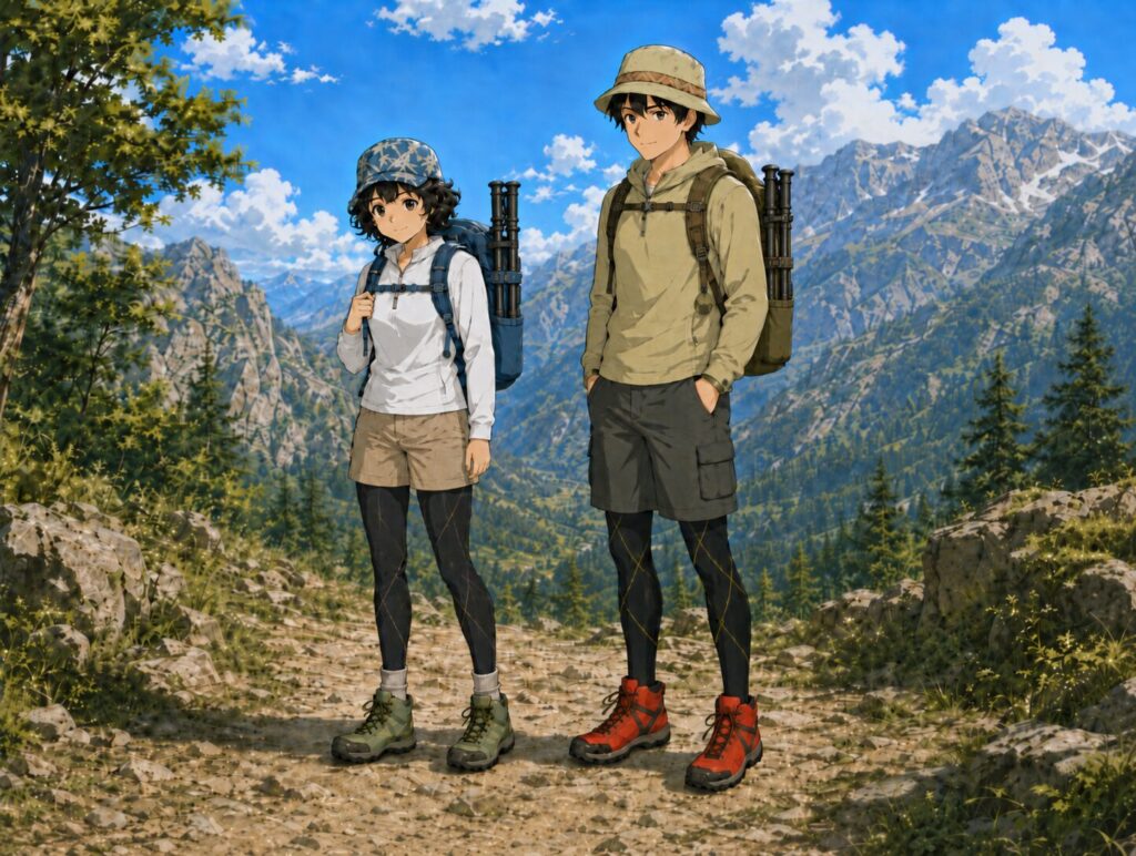 ポールをザックのストラップにきちんと固定している二人のイラスト