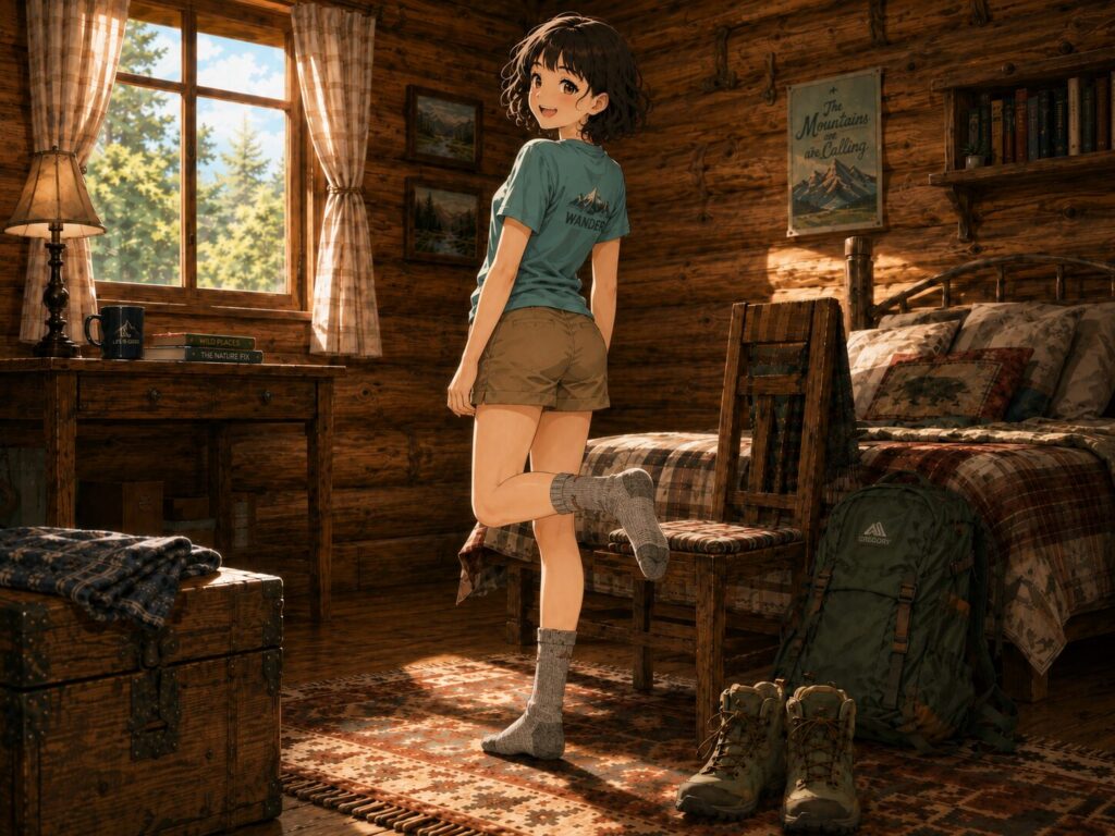 丈夫なダーンタフの靴下を嬉しそうに見せる女性のイラスト