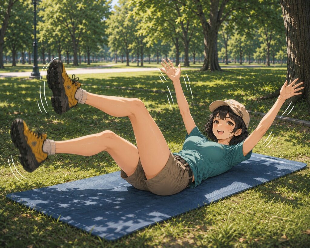 仰向けで手足を上に上げてバタバタして血流を良くする体操をする女性のイラスト