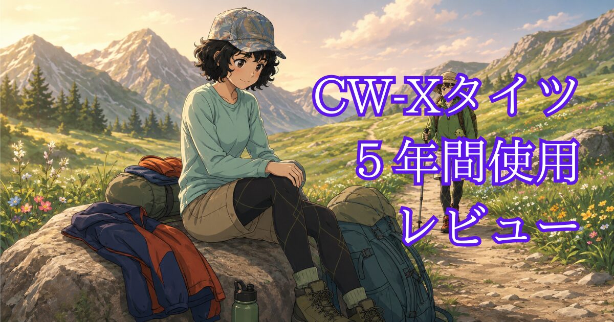 登山中休憩を取りながらサポートタイツの効果を実感して満足そうに微笑むウ女性のイラスト