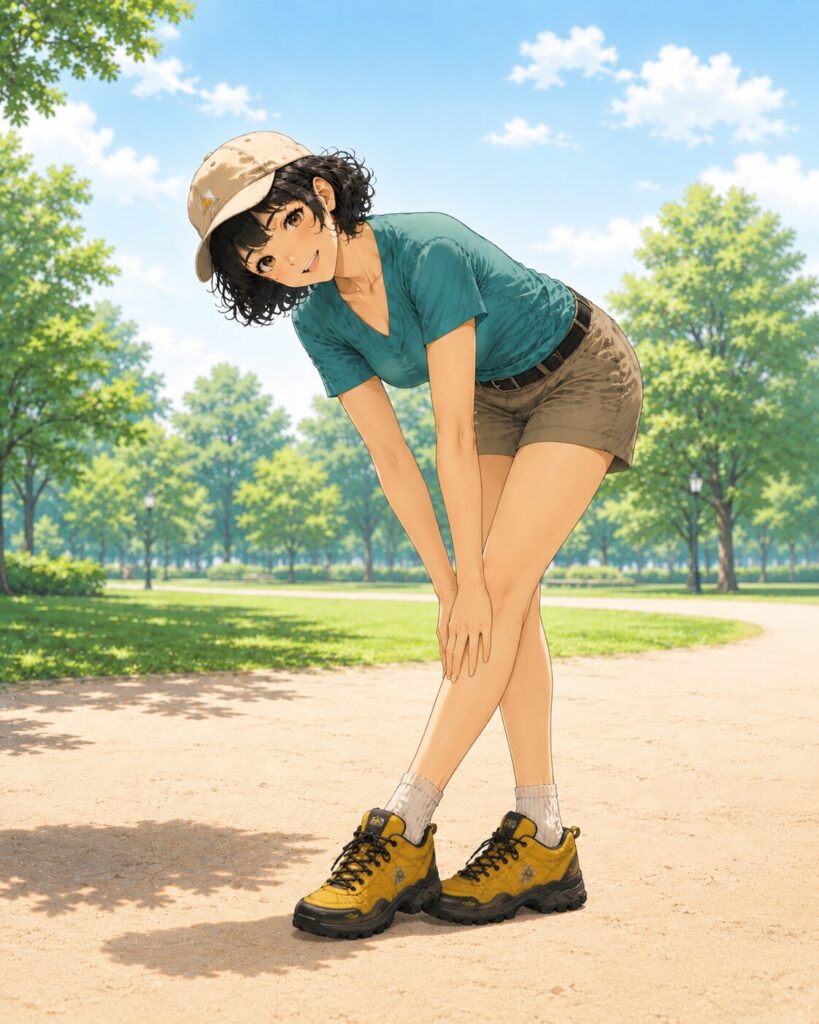 立った状態で足を汲んで前屈ストレッチをする女性のイラスト