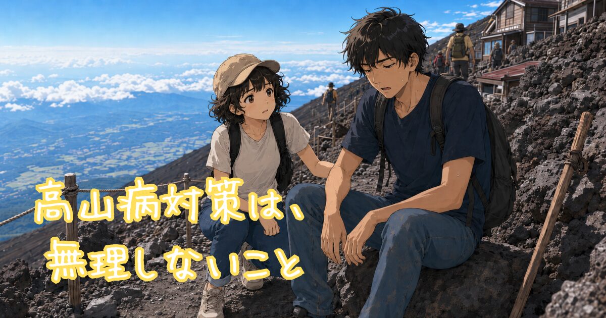高山病になりかけてぐったりする男性と心配そうに見守る女性のイラスト