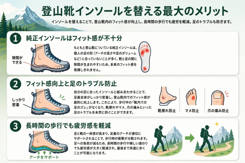 自分に合うインソールを使った時のメリットを説明した図解