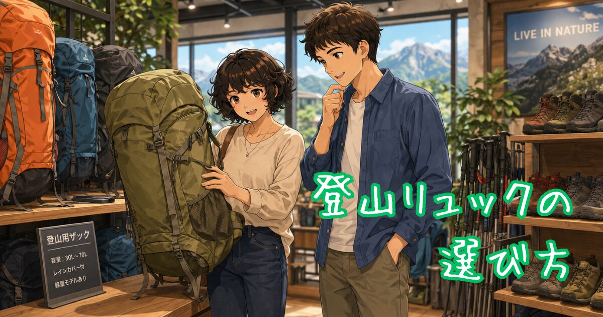 アウトドアショップで登山用リュックを探しているカップルのイラスト