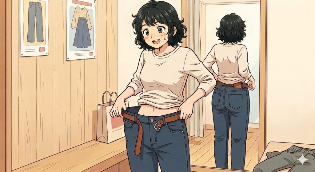 細身のため、ウエストがブカブカになってしまった女性のイラスト