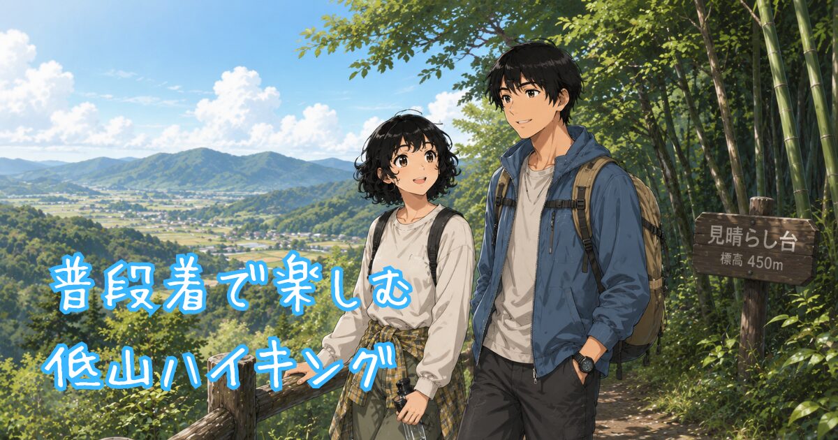 ハイキングを手持ちの普段着で楽しむ二人のイラスト