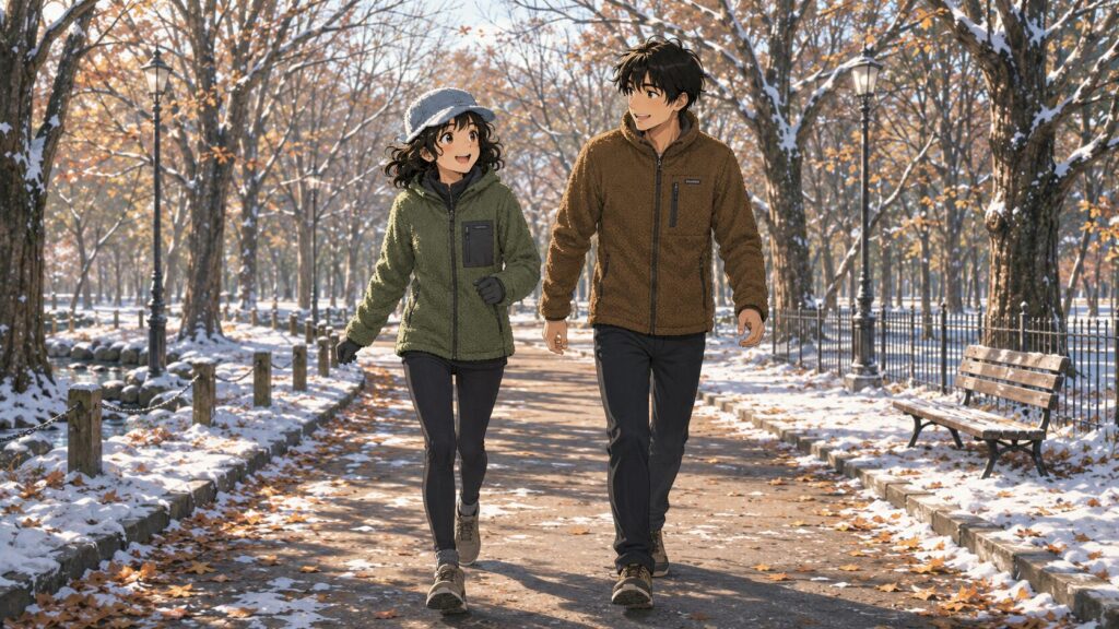 ポーラテックのフリースを着て軽快に冬の公園を散歩する二人のイラスト