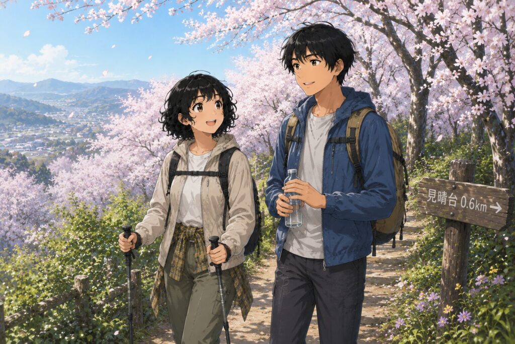 春の里山を歩く二人組のイラスト