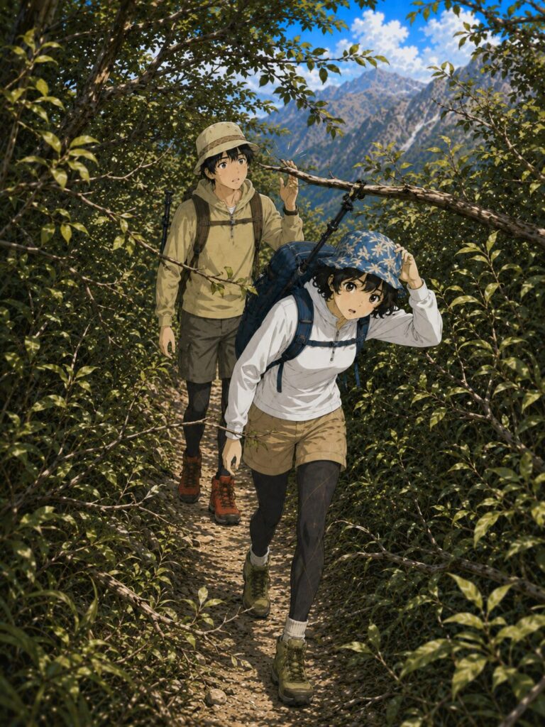 枝にポールの先端が引っかかってしまう女性のイラスト