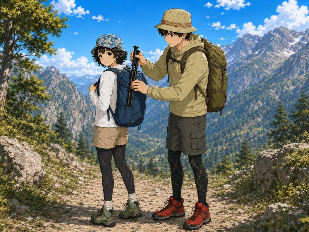 お互いでポールをザックに収納しあう二人のイラスト