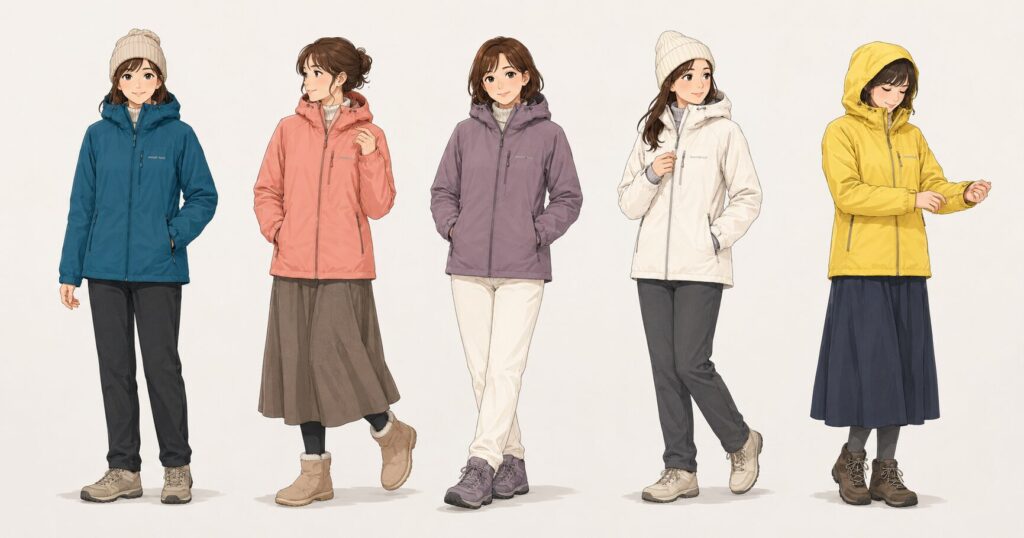 ライトシェルパーカ色違いの着た雰囲気の違いを表現したイラスト女性