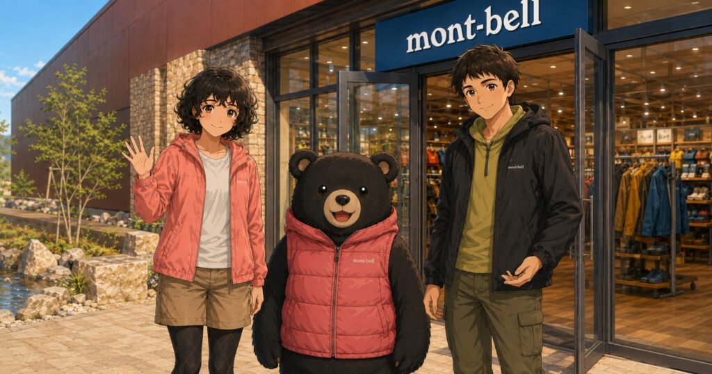 モンベル店舗前でライトシェルジャケットを着た二人とクマが記念撮影