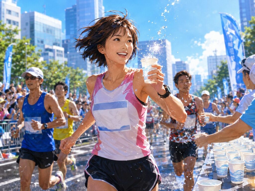マラソンで給水に高賀の神水を利用する女性ランナーのイラスト
