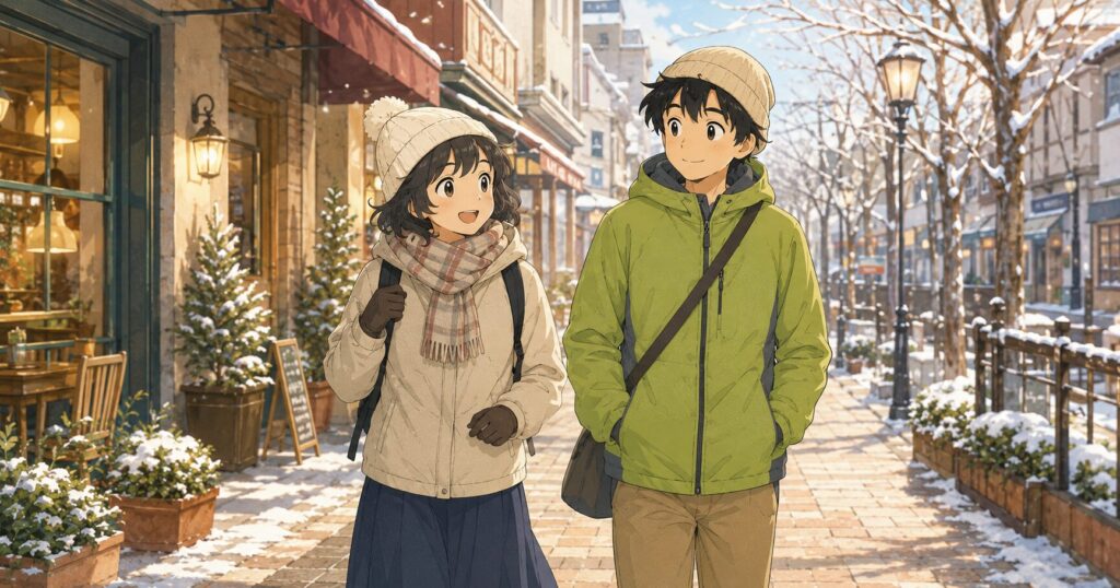 ライトシェルパーカを着て冬の町を歩く男性と女性