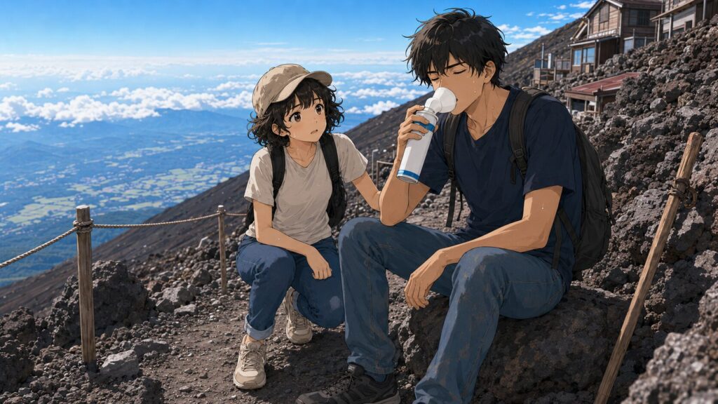 高所で酸素缶を使って呼吸補助をしている男性と見守る女性のイラスト