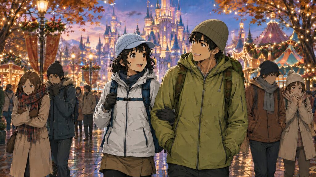 アウトドアウェアを着込んで快適に過ごす冬のテーマパークのイラスト