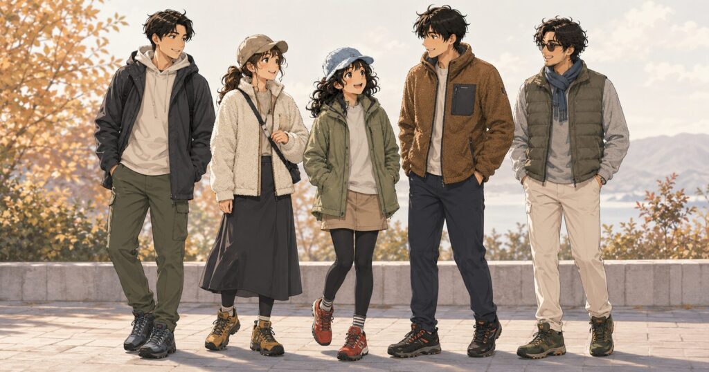 街をアウトドアウェアでオシャレに歩く人々のイラスト