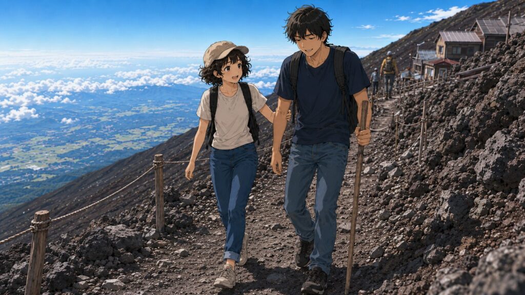 高山病の兆候を感じて早めに下山する二人のイラスト