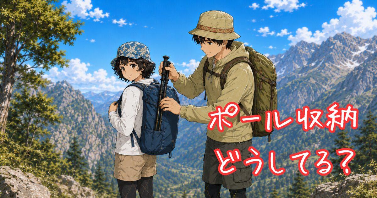 ポールをザックに収納してあげている男性のイラスト