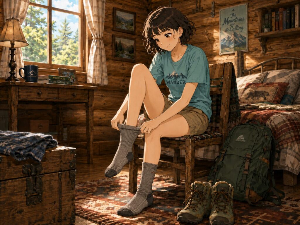お気に入りのダーンタフ靴下を履く女性のイラスト