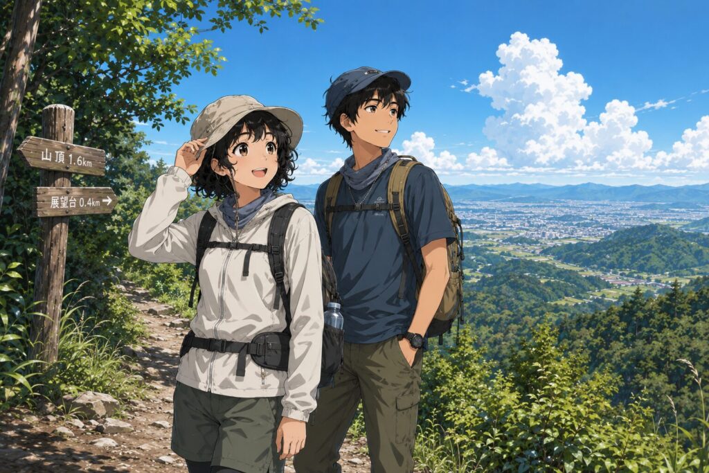 真夏の低山をハイキングしている二人組のイラスト