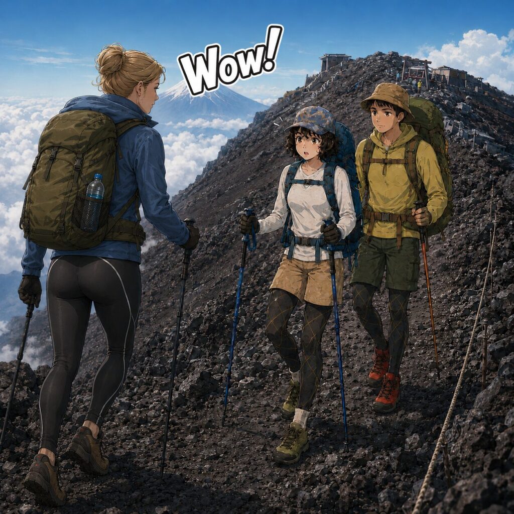 海外では一般的なのかタイツだけ履いている登山者にびっくりするちぃとかめぴのイラスト