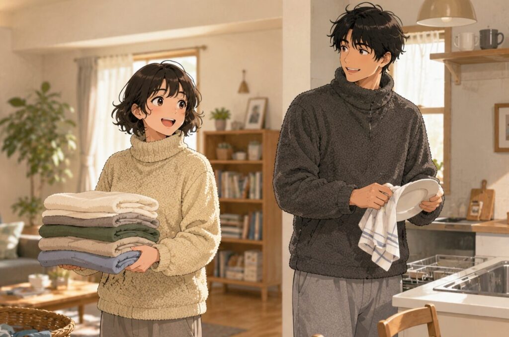 ユニクロ等の通常のフリースを着た二人のイラスト