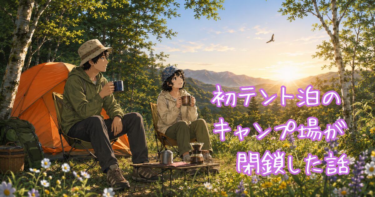 テント泊で朝日を浴びながらモーニングコーヒーを楽しむ二人のイラスト