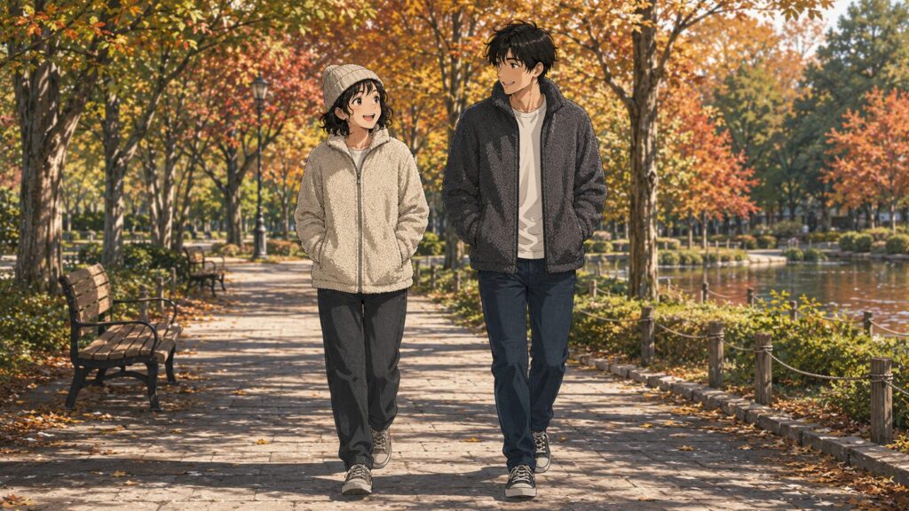 ユニクロ風のフリースを着て公園を散歩する二人のイラスト