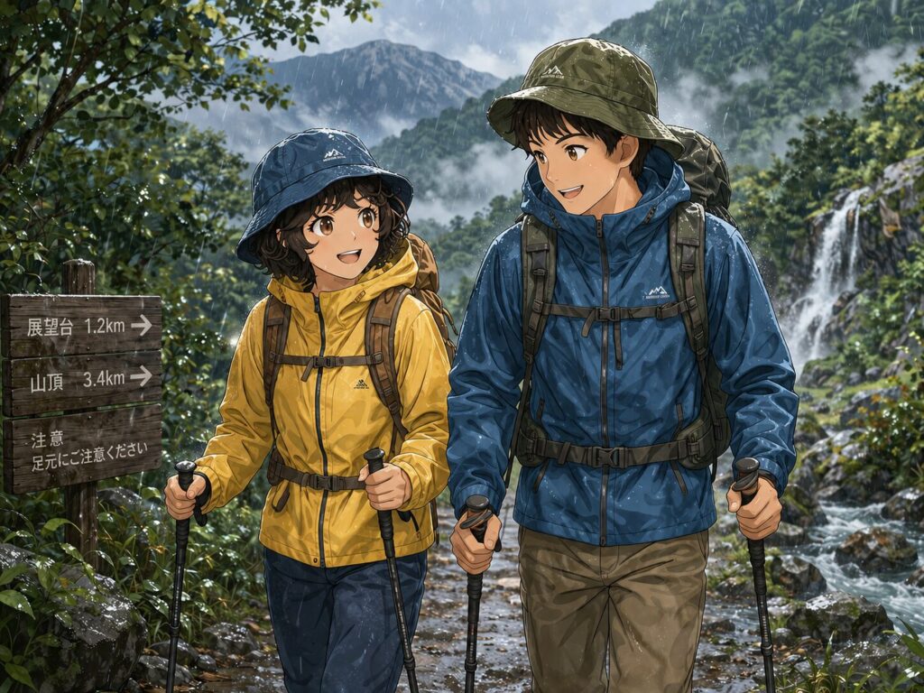 レインウェアを着込んで雨の日の登山を楽しむ二人のイラスト