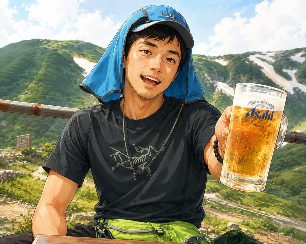 山小屋で飲むビールはうまい！のイラスト