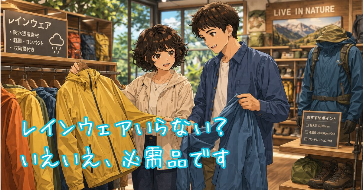 アウトドアショップでレインウェアを選んでいる二人組のイラスト